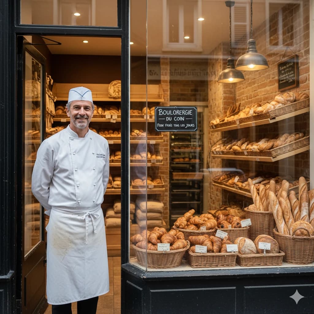 Un boulanger devant sa boulangerie
